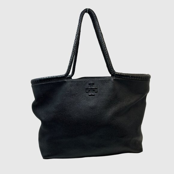 Tory Burch Black Pebbled Leather Tote Bag With Braided Handles - Picture 1 of 12
